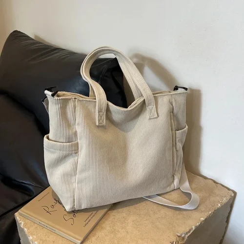 Imagen 2 del producto Bolso de mano de terciopelo a rayas para mujer, bandolera de pana de estilo Simple, Color sólido, gran capacidad, para ir al trabajo