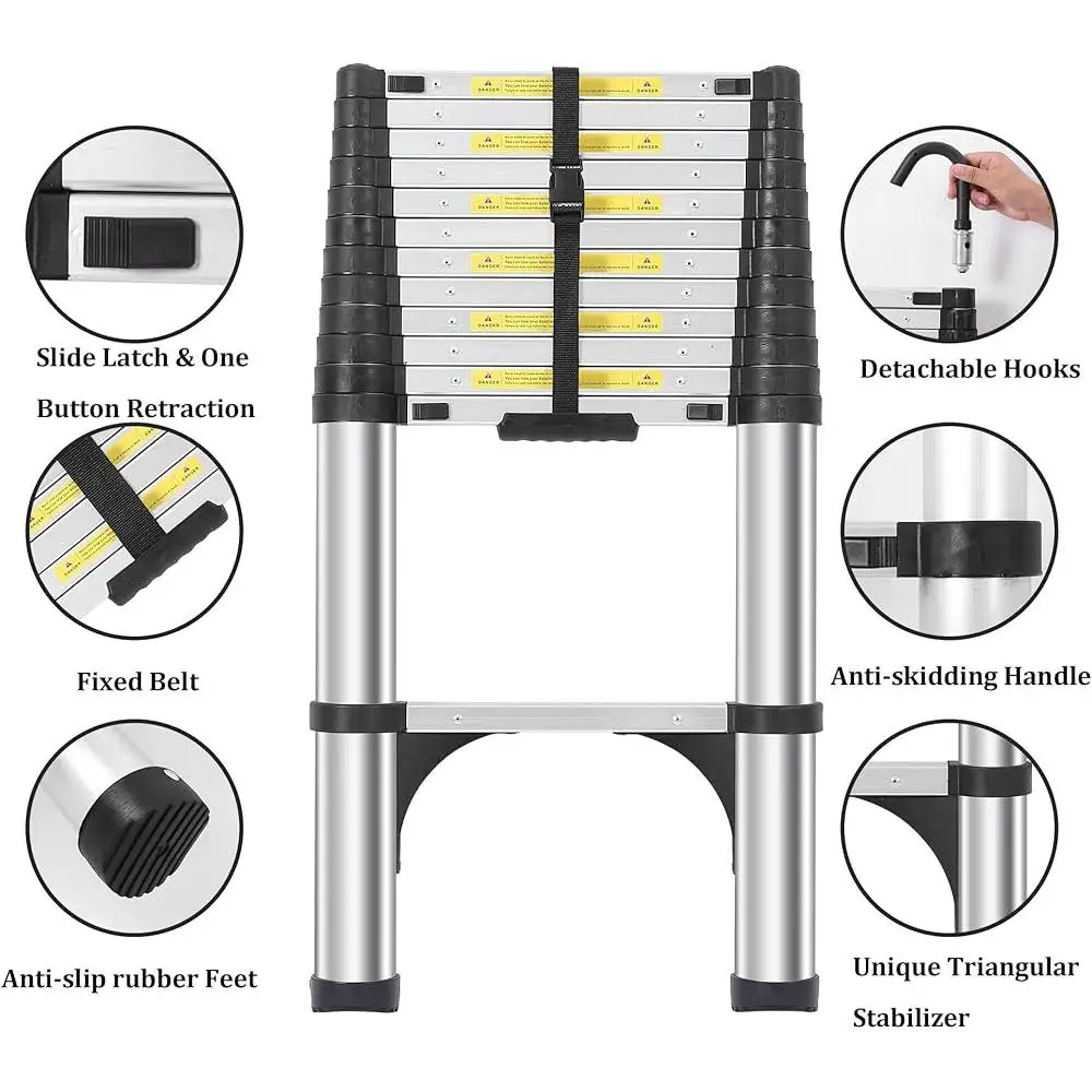 Telescoping Ladder 8.5FT Lightweight Aluminum Extension with 2 Triangle Stabilizers Detachable Hooks Safety Lock Adjustable