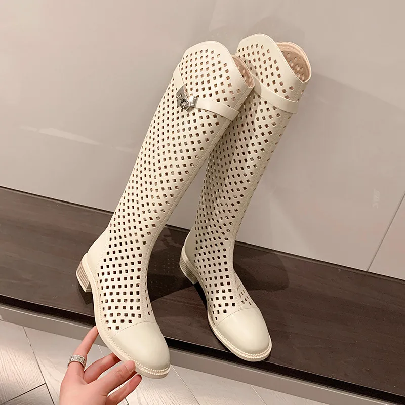 Fashion Knee length Boots New High Quality Genuine Leather Metal Buckle Round Head Hollow Mesh Boots Summer Boots Long Boots