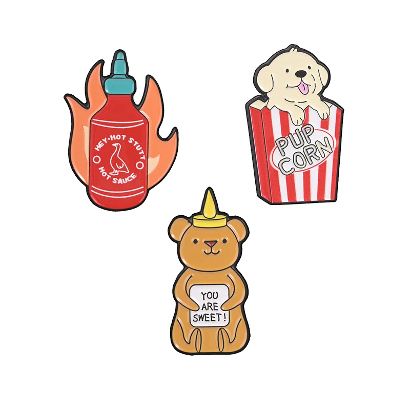 Pin de esmalte Pupcorn Popcorn Puppy Snack con diseños de You Are Sweet, Honey Bear, Hot Stuff, Botella de salsa picante, Broche, Insignia, Joyería, Regalos con juegos de palabras de comida