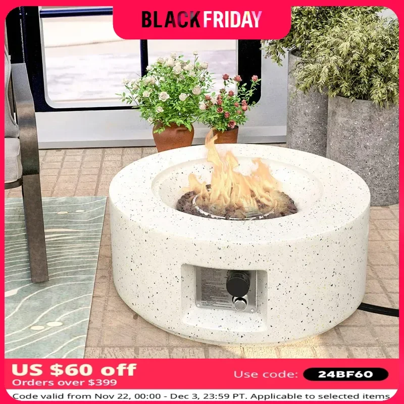 Outdoor Propane Fire Pit, 40,000 BTU 28-inch Round White Terrazzo Concrete Fire Table Gas FirePit, W Lava Rocks Fire Table