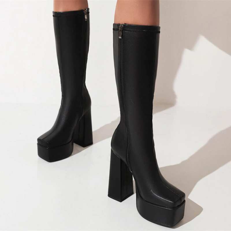 Handmade High Quality PU Leather Side Zip Boots Black White Square Toe Fashion Platform Shoes Knee High Boots for Lady