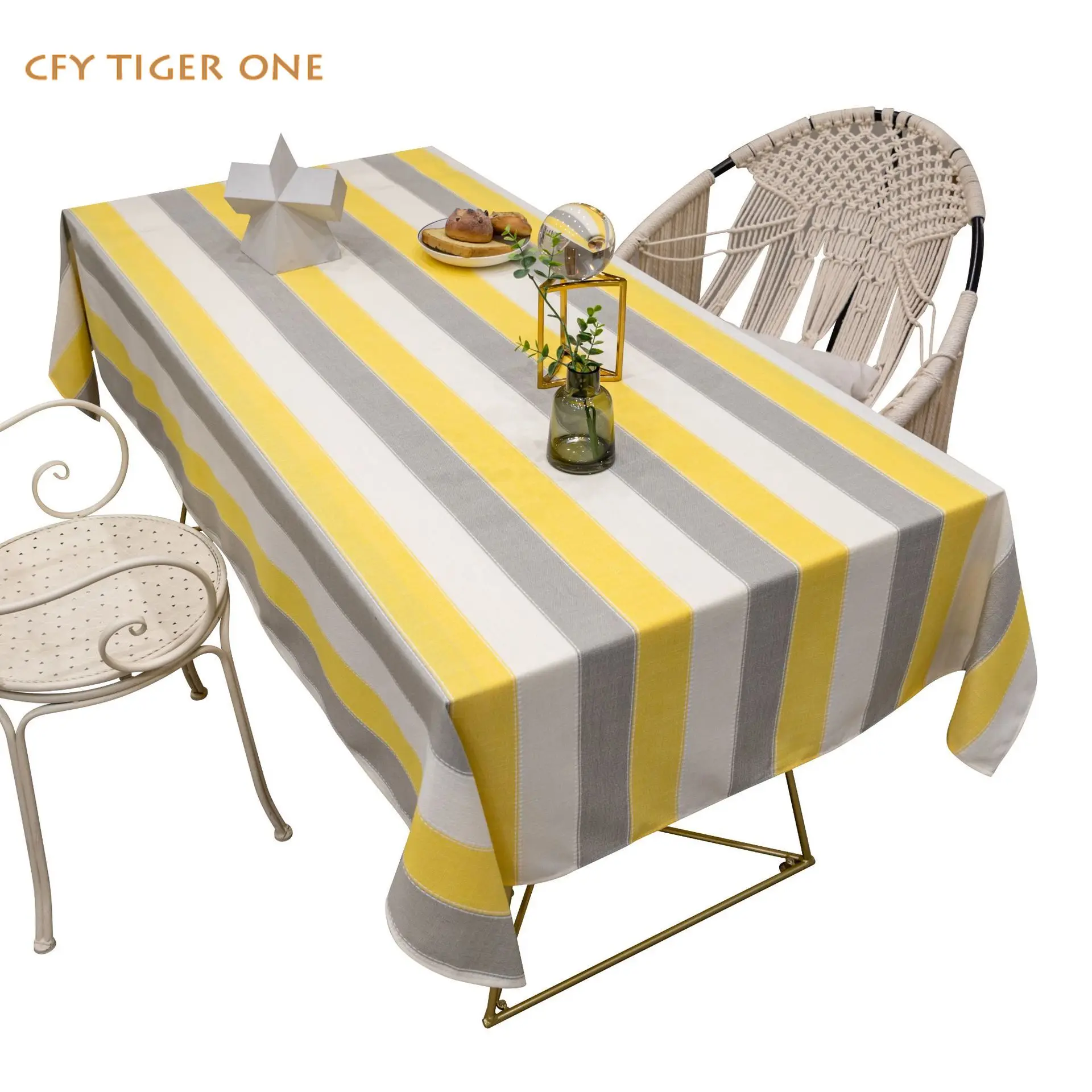 Cotton Linen Yellow gray stripes Tablecloth  Antifouling Rectangular Tablecloth Oil Resistant Coffee Table Mat Table Cover