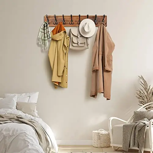 

Brown Solid Wood Wall-Mounted Hanging Rack With Eight Triple Black Hooks For Coats, Jackets, Hats And Apparel