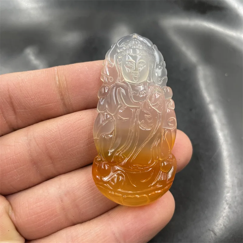 Cheap Jade Pretty Yellow Chalcedony Agate Big Avalokitesvara Pendant Half Yellow Agate Station Guanyin Flame Guanyin