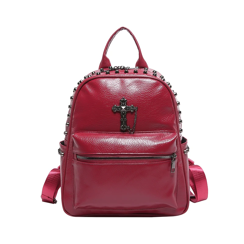 Gothic Girls Black Backpack Designer Women's Travel Shoulder Handbag Punk Style College Student Leather Small Casual Rucksack