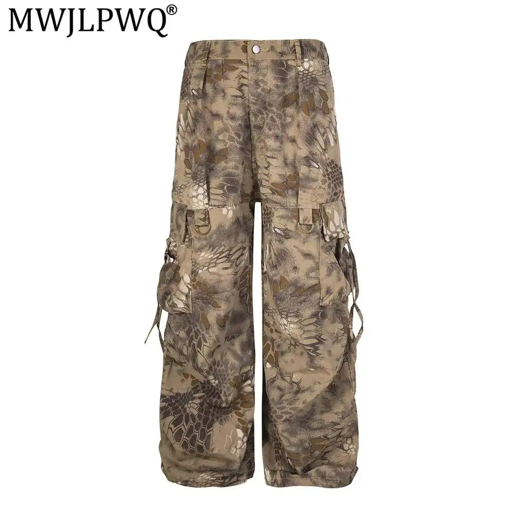 MWJLPWQ Pattern Camouflage Pocket Cargo Trousers Men's Punk Trend Ruched Design Loose Wide-Leg Floor-Length Straight Pants 20350