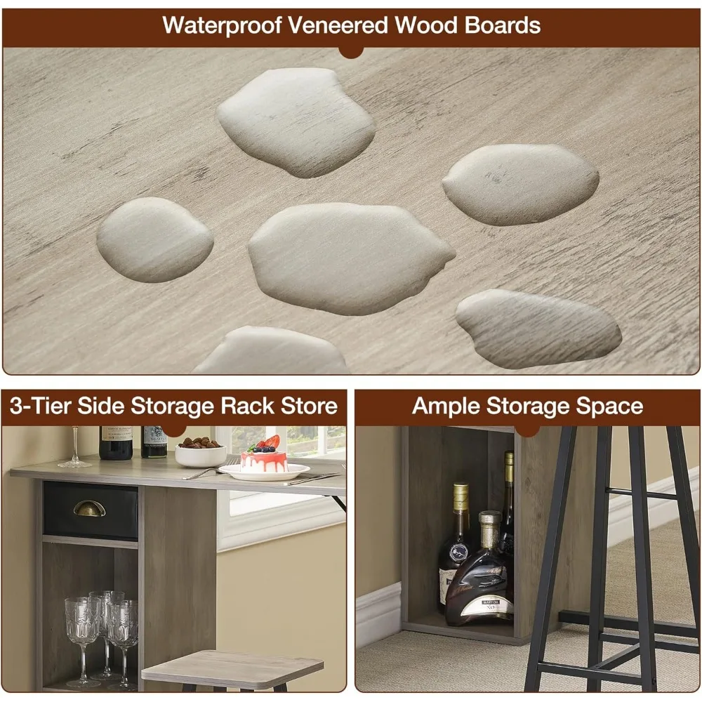 Dining Table for 2, Kitchen Table and Chairs for 2, 3 Piece Small Dining Table with Storage Drawer & Shelf, 2 Bar Stools