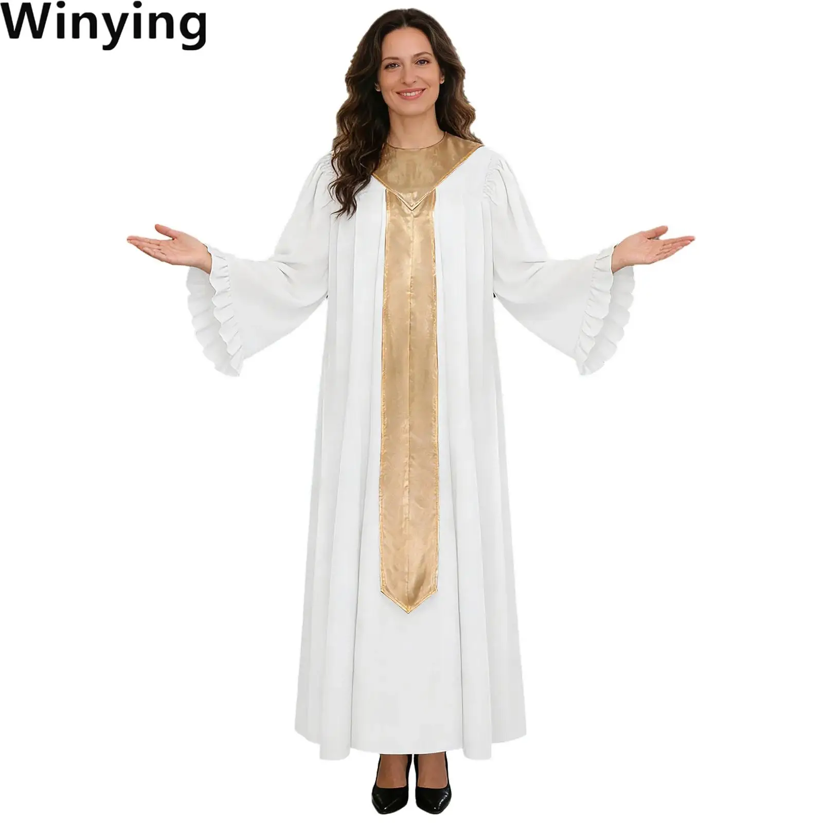 

Women Church Choir Christian Pastor Priest Cosplay Robe Long Sleeve Ruffled Trim Long Robe Priest Cassocks for Church Activities