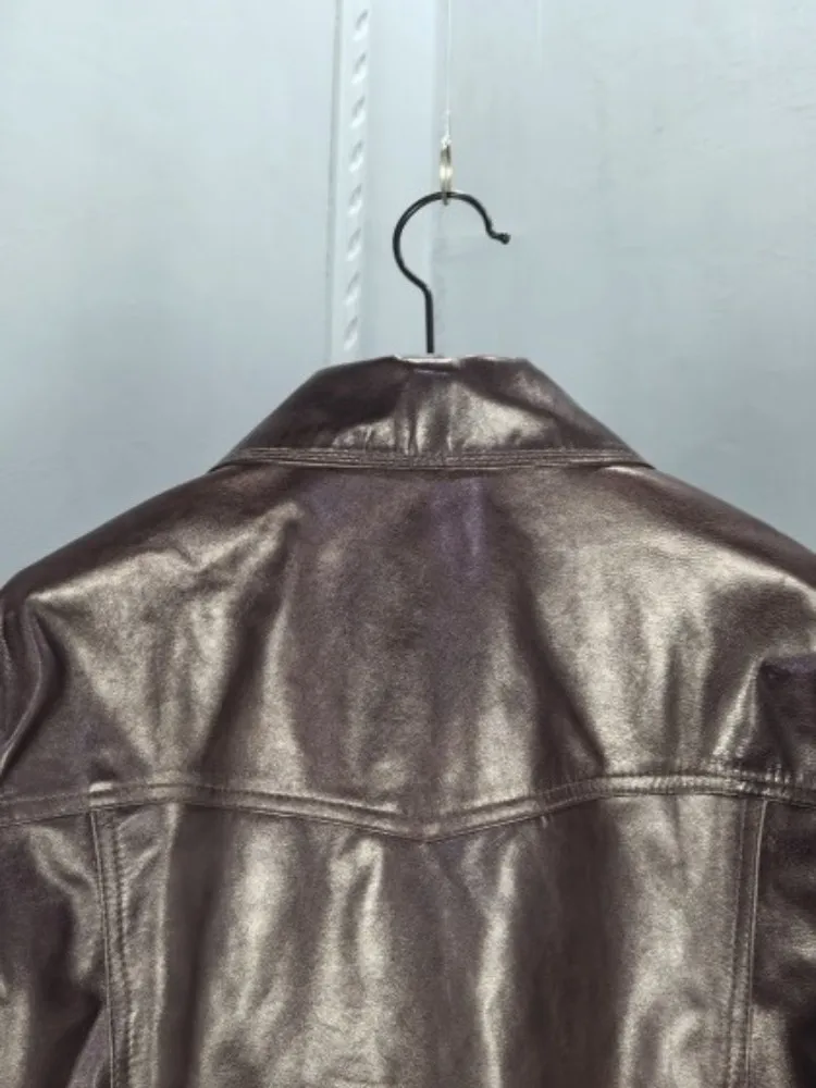 Modna, ręcznie robiona kurtka z zamkiem błyskawicznym, jednolity kolor, skóra naturalna, krótki płaszcz, najwyższa jakość, kołnierz, owcza skóra, długi rękaw, damski płaszcz biurowy.