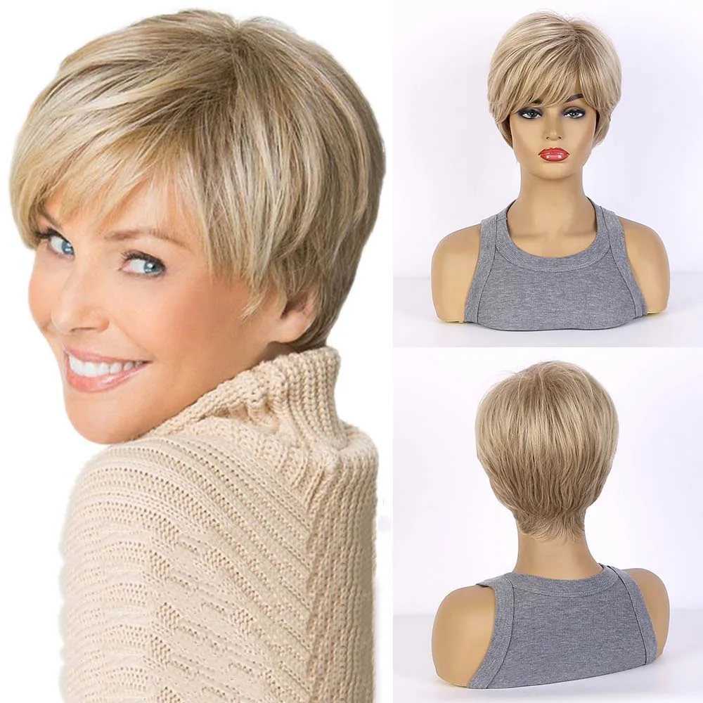 

AHAIRZ Synthetic Light Gold Wig with Bangs Short Pixie Cut Wigs for Women Daily Cosplay Heat Resistant Fake Hair