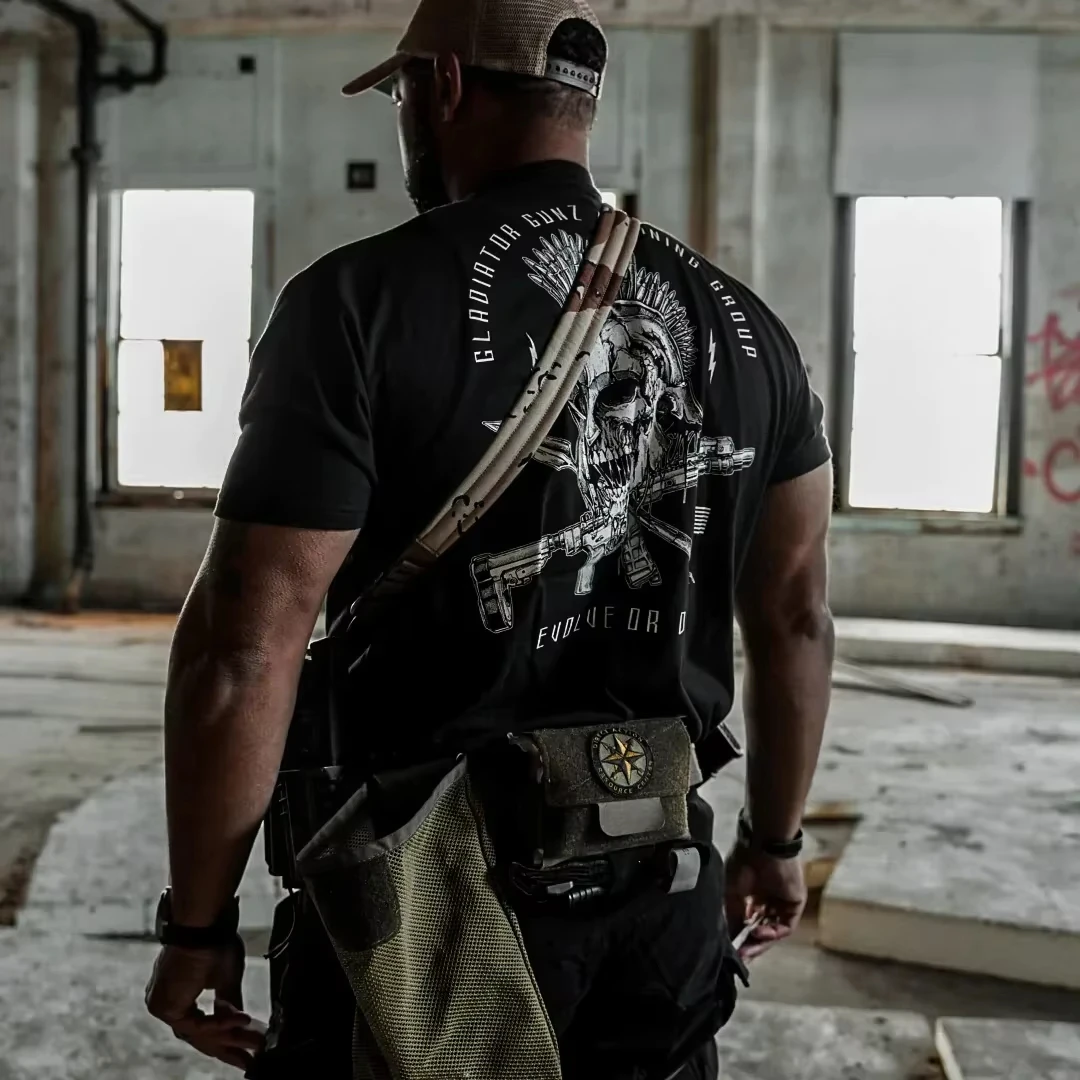 Combat Outdoor Sports T-Shirt Military Wind Tough Guy Wind Wings Skull Print Crew Neck Short Sleeve T-Shirt Tough Guy Clothing