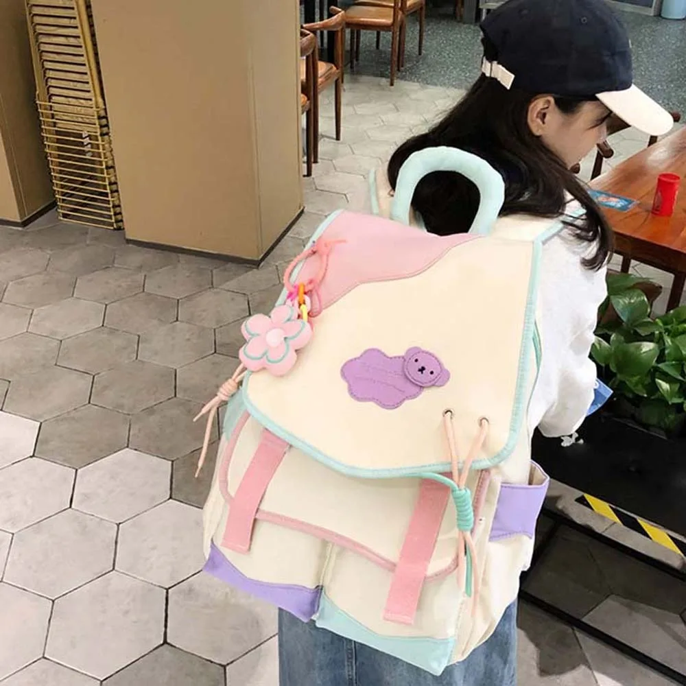 Nylon Contrast Color Backpack Candy Color Adjustable Straps Cartoon School Bag Foldable Flower Pendant Large Capacity Daypack