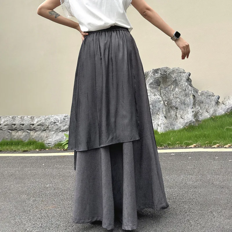 ANJY Spring Summer New Women Dark Style Design Irregular Drape Spliced Wide-Leg Casual Pants Trendy Loose Ins Skirt-Pants A22864
