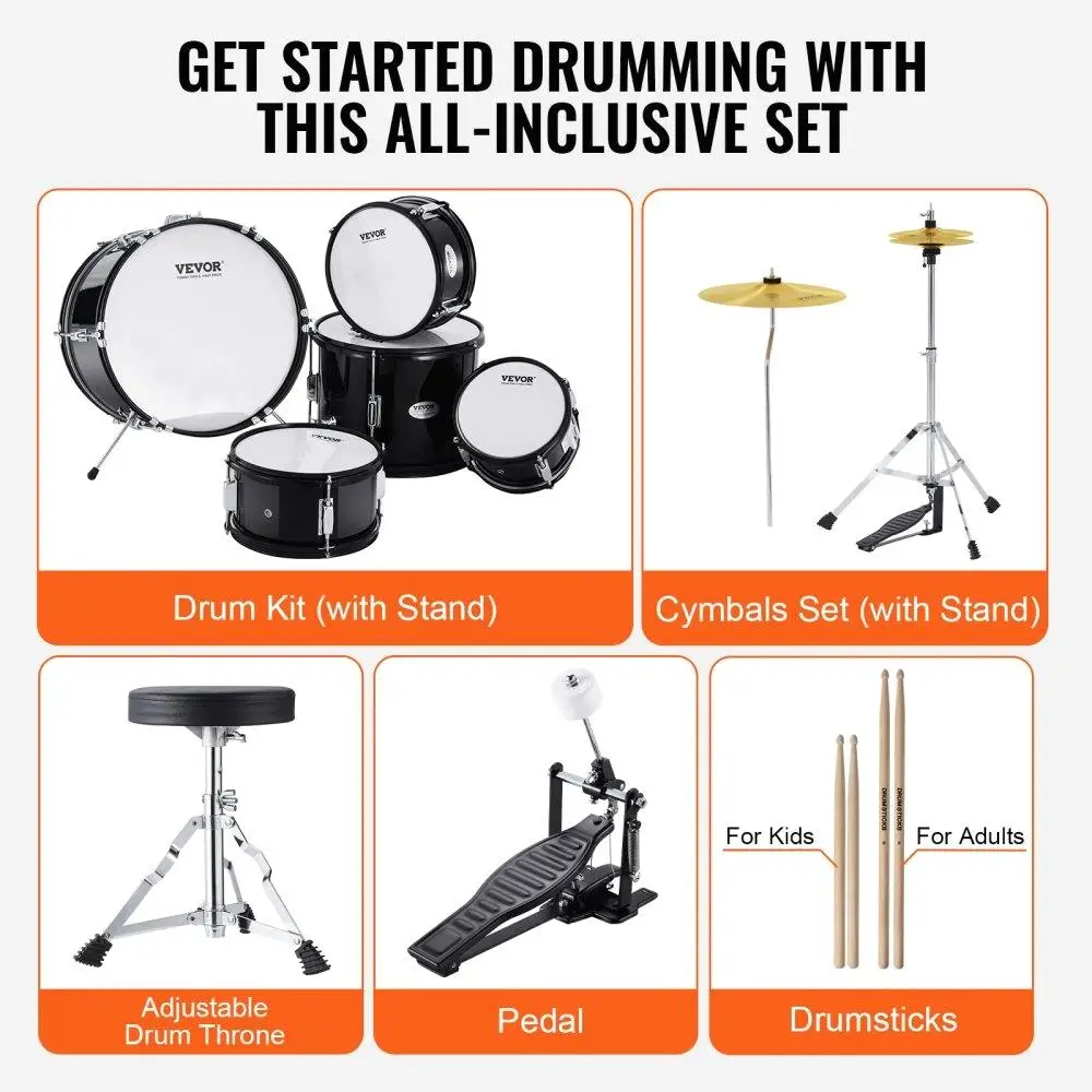 5-Piece Kids Drum Set, 16 Beginner Kit with Bass,, Snare, Cymbal & Hi-Hat, Adjustable Throne, Pedal & Sticks - Black