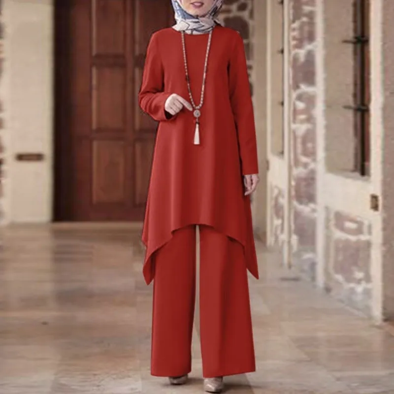 

Fashionable Casual All-Over Color round Neck Pullover Long Pants Midi Dress Women's Spring Autumn Set Polyester Fiber