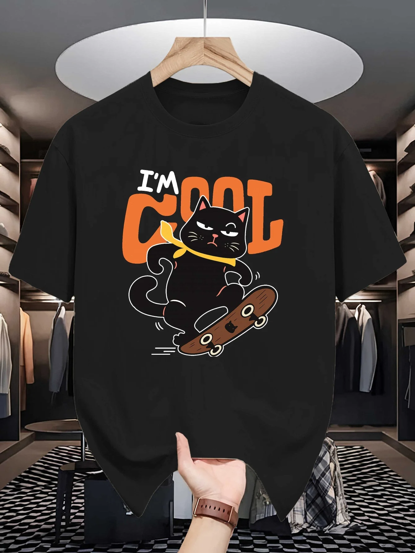 Mens Crew Neck TShirt I Am Cool Skateboarding Black Cat Graphic Tee Casual Summer Tops for Street Sport Animal Lovers Daily Gift