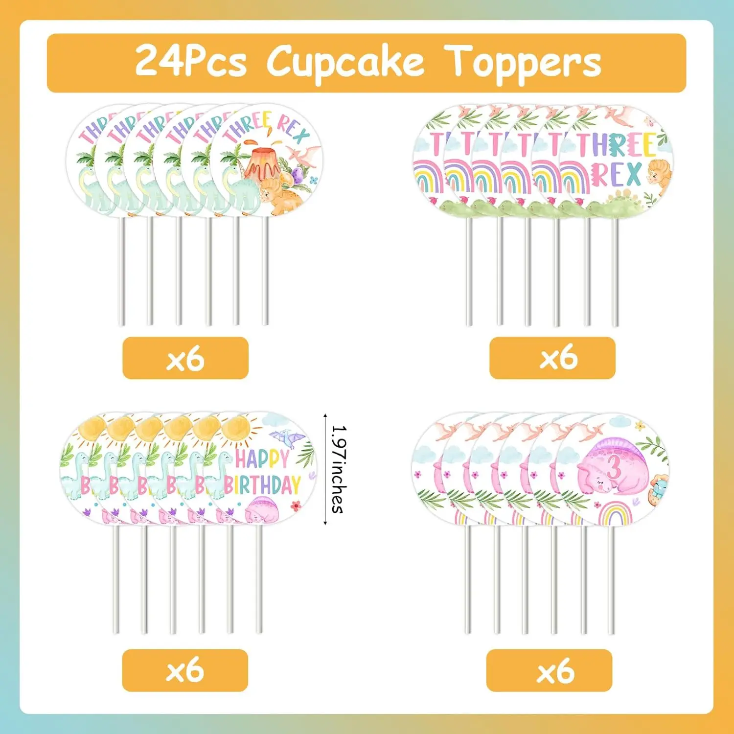 Dinosaur 3rd Birthday Cupcake Toppers Sticks Three Rex Dino Theme Cake Decor for 3 Year Old Girl Bday Party Supplies