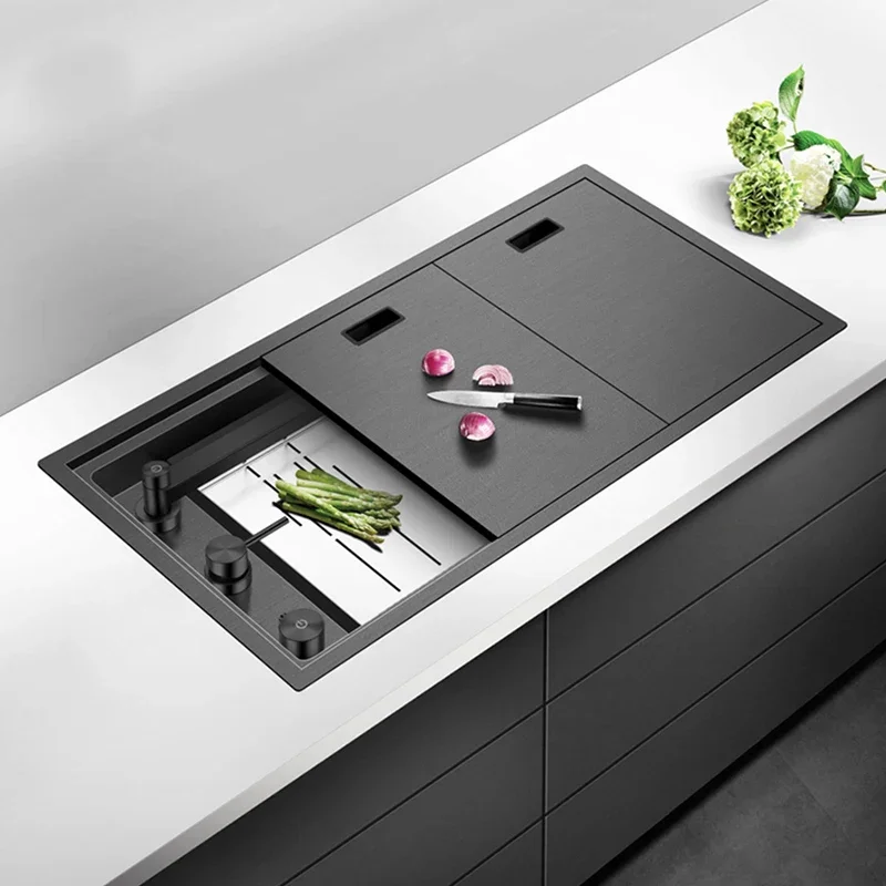 Zlewozmywak kuchenny ASRAS ukryty nanometrowy trzy osłony stal nierdzewna SUS 304 grubość 4mm z oczyszczaczem do kubków i zlewozmywaki z koszem na śmieci