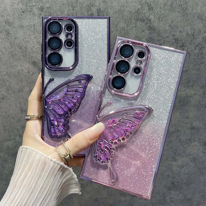 3D Glitter Butterfly Quicksand Case for Samsung Galaxy S25 S24Plus ULTRA with Built-in Lens Film Soft Clear Electroplate Cover