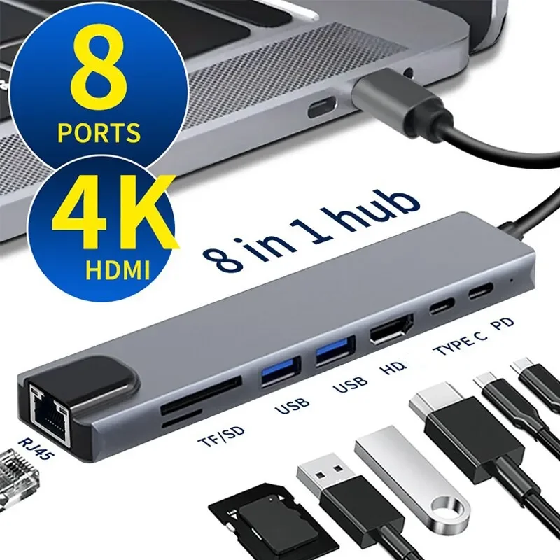 

USB-концентратор 8 в 1, Type C, 3,1 на 4K HD, с кардридером RJ45, SD/TF