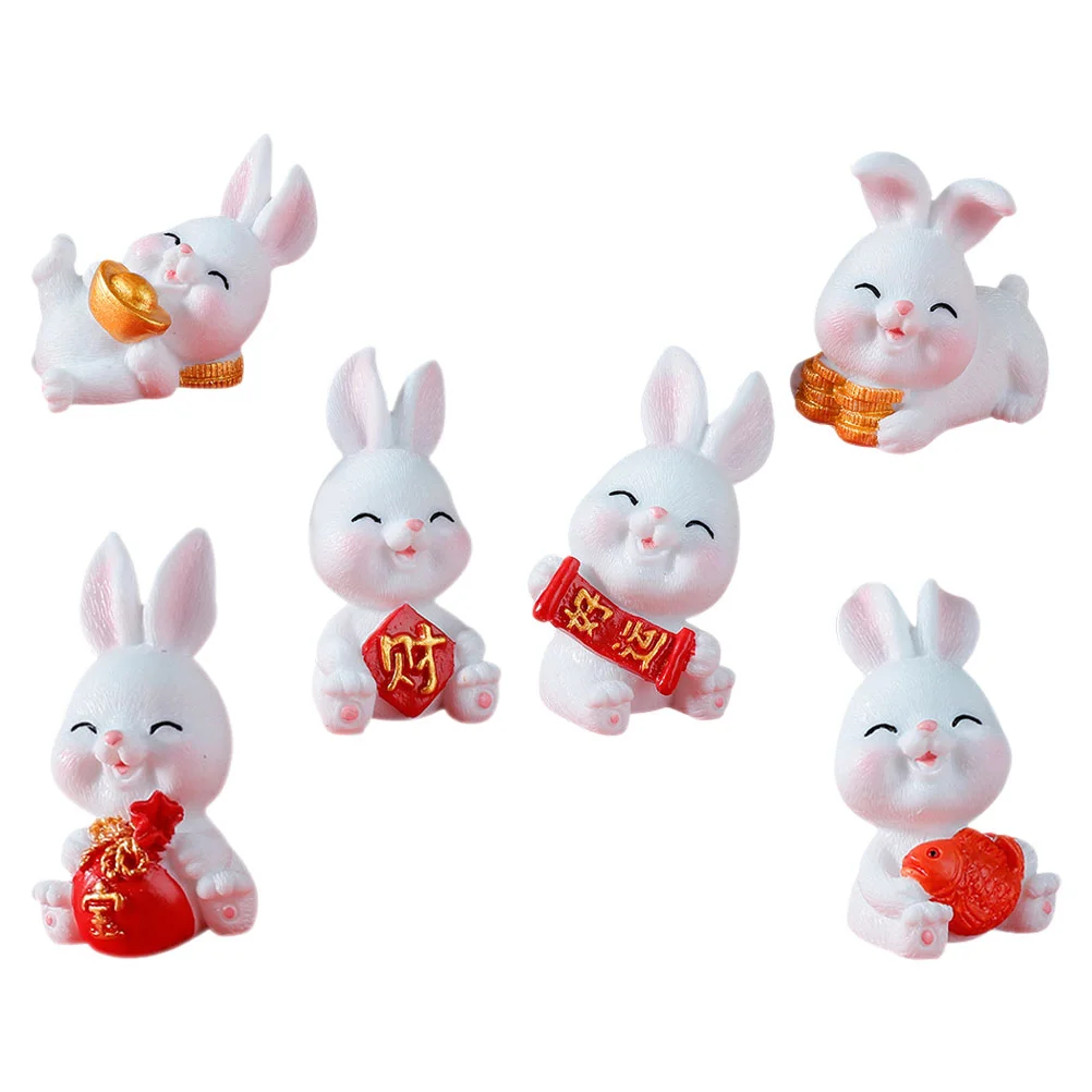 6 Pcs Year of The Rabbit Mascot Bunny Ornament Miniature Figurines Animal Decorate Tiny Natural Resin Adorn Child Toys