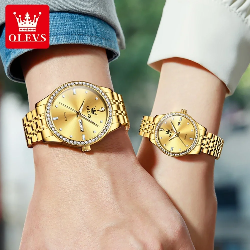 OLEVS-Reloj de acero inoxidable para pareja, cronógrafo de cuarzo, informal, clásico, resistente al agua, con diamantes, de marca de lujo, para negocios, 3625