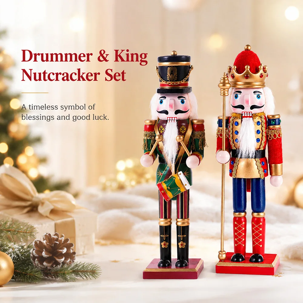 2Pcs 30CM Holz Nussknacker Puppe Figur Hand Bemalt Nussknacker Soldat Modell Puppe Weihnachten Ornamente Hause Dekoration