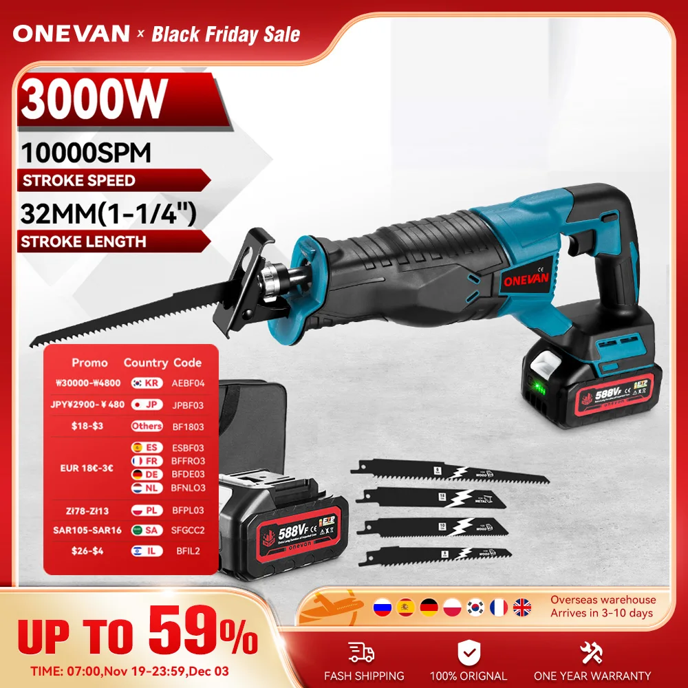 ONEVAN 3000W scie alternative électrique 10000spm scie électrique Rechargeable métal bois Machine de découpe pour Makita 18V batterie broche