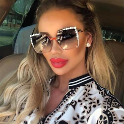 Oversized Square Sun Glasses Ladies 2024 New Luxury Pearl Sunglasses Women Brand Designer  Fashion Shades big Square