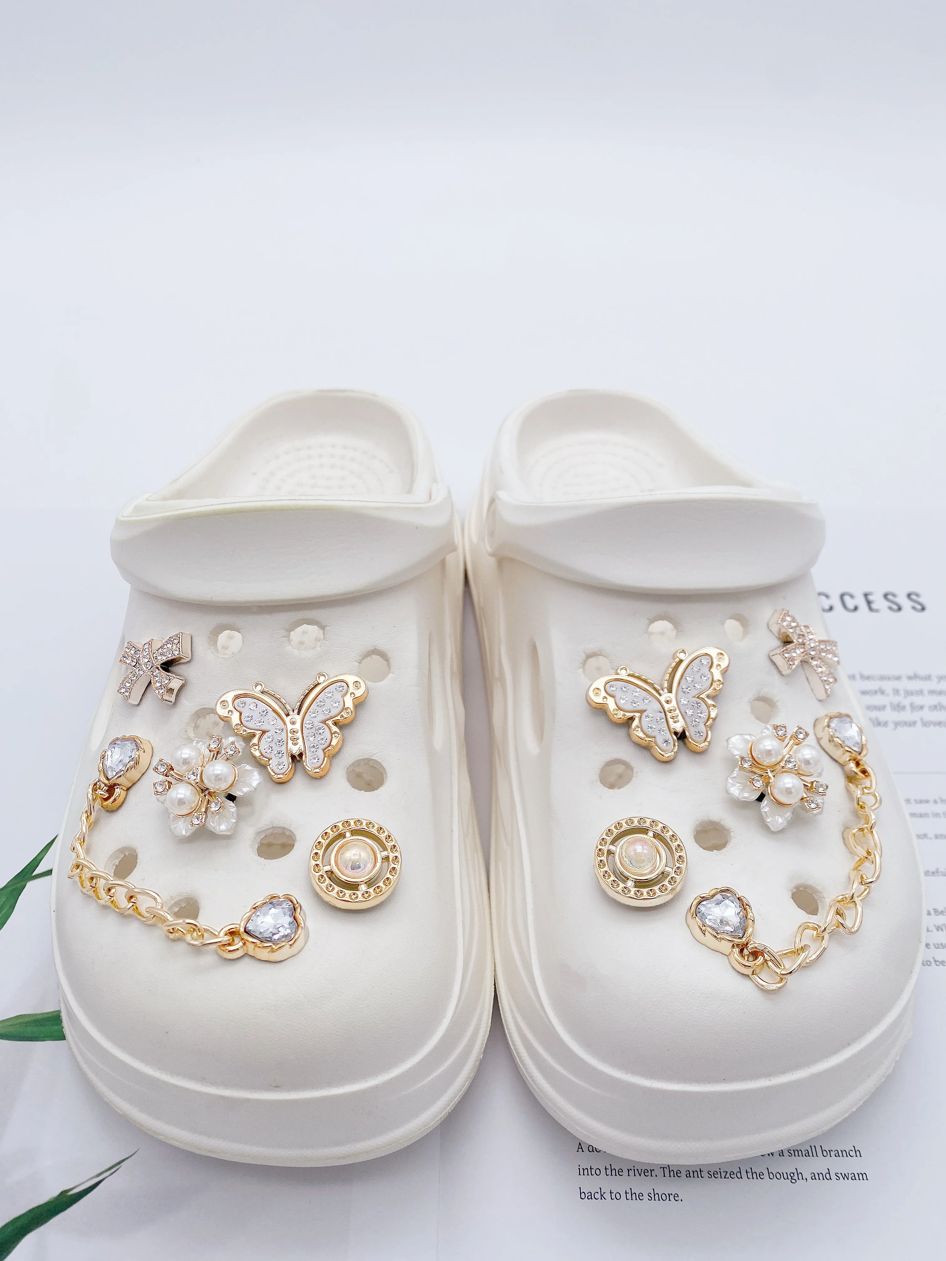 10 diy corrente dourada, decorações de fivela de sapato de flor, borboleta e arco, acessórios de clipe de sapato multifuncional para sanda feminino