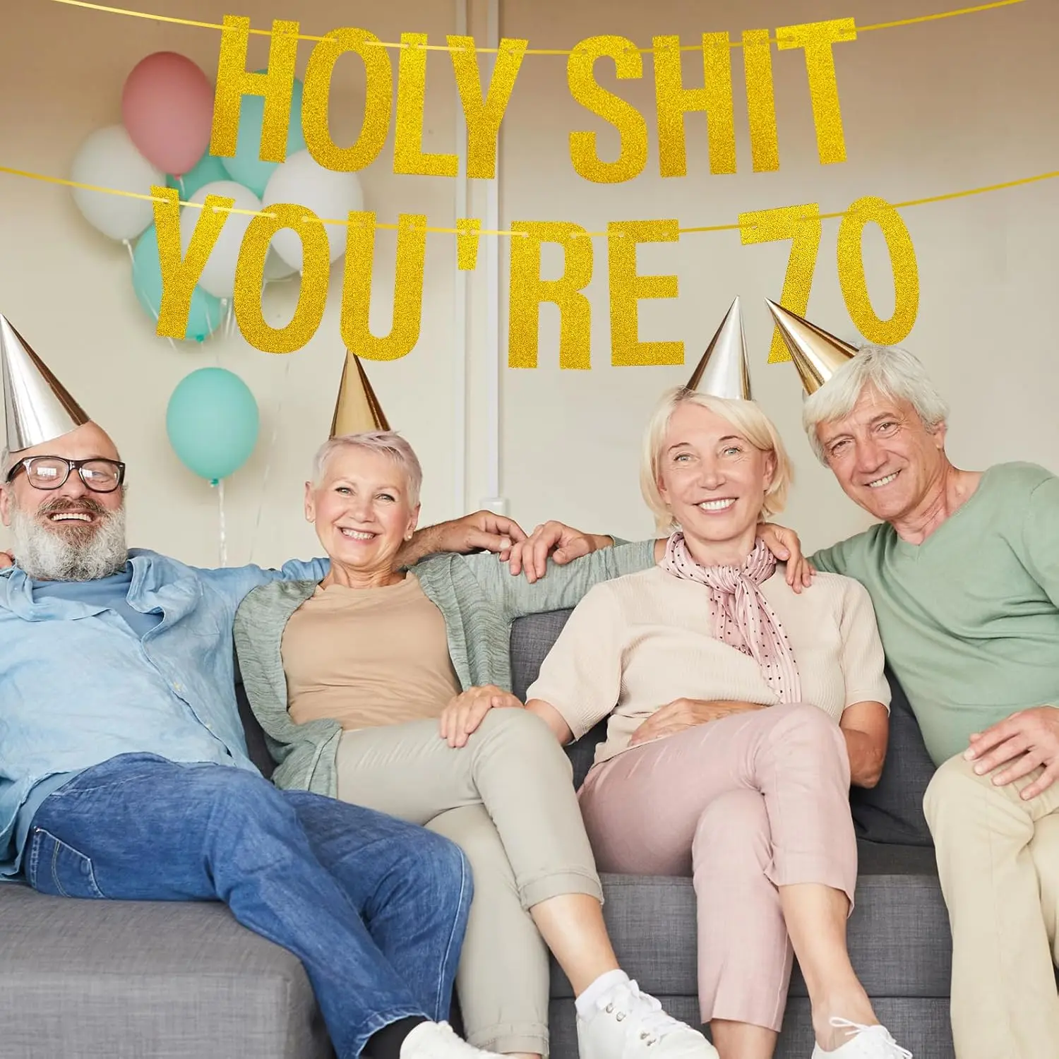 لافتة زينة لحفلات أعياد الميلاد الذهبية اللامعة، لوازم زينة حفلات أعياد الميلاد السبعينيات المضحكة، دعائم الصور السبعين باللون الذهبي