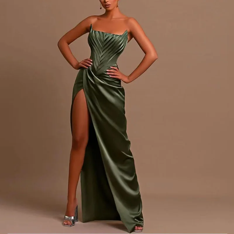 

Green Satin Fishbone Formal Dresses Wrapped Chest Slit Vintage Clothes High Quality Luxury Elegant Women'S Skirts Evening Dress