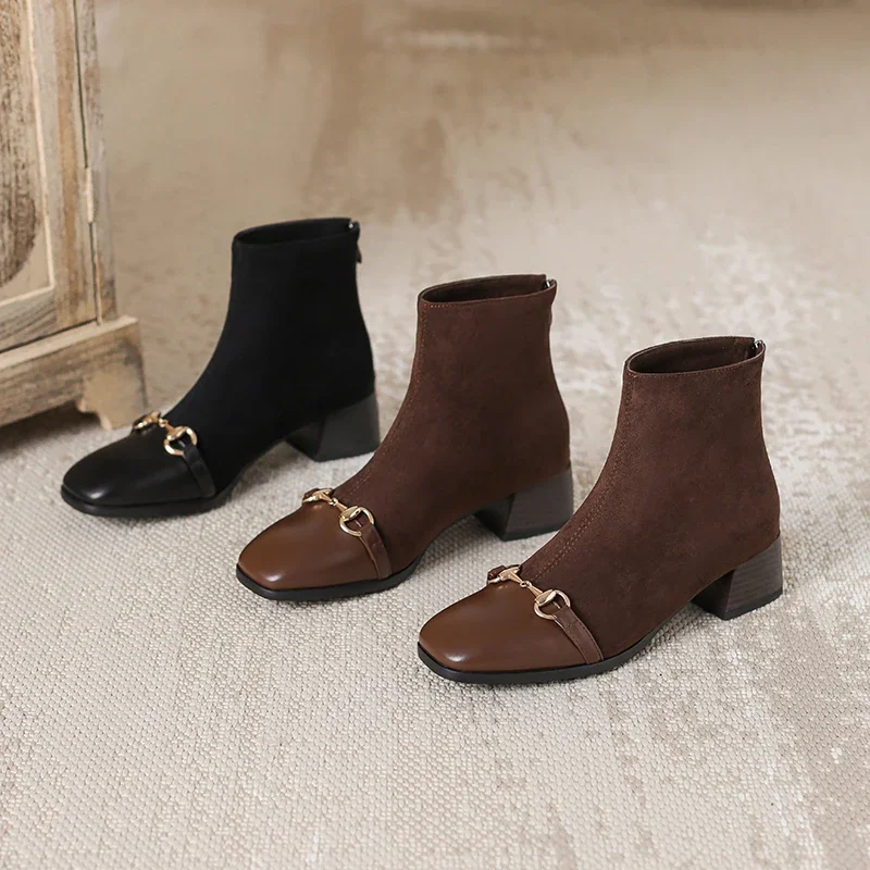 Fashionable square toe thick heel splicing frosted upper metal decoration rear zipper short barrel comfortable short boots