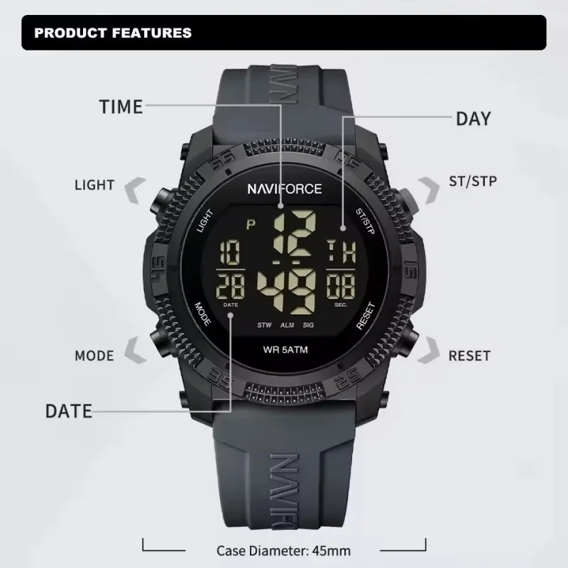 NAVIFORCE 7104 الرياضة الرجال LCD الرقمية الترفيه تاريخ الأسبوع ساعة تنبيه مقاوم للماء سيليكون حزام ساعة إلكترونية الإلكترونية
