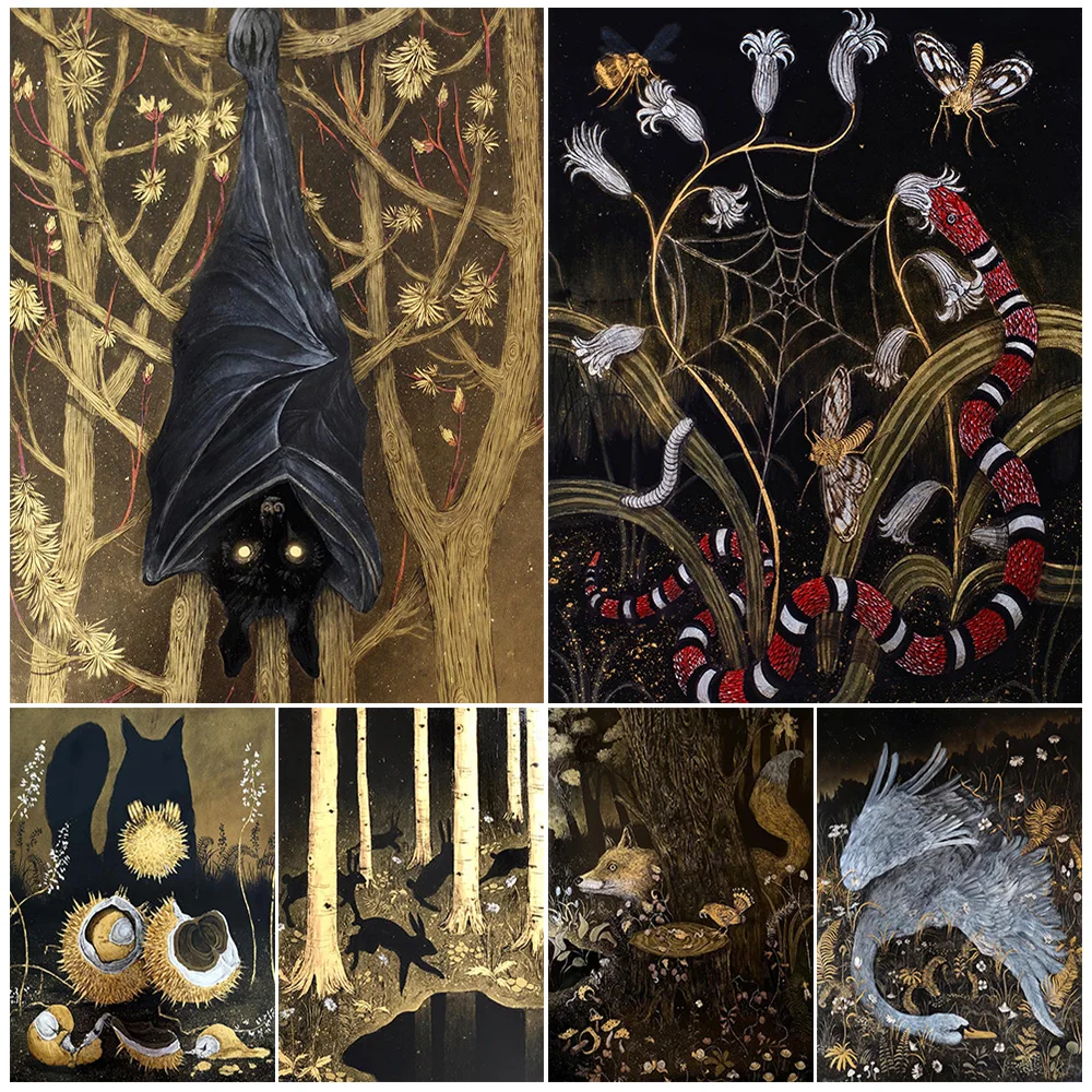 Bat,Snake,Swan,Fox,Owl,Abstract Wall Art,Canvas Painting,Mysterious Forest Animal And Plant,Art Poster Print,Home Decor,Unframed