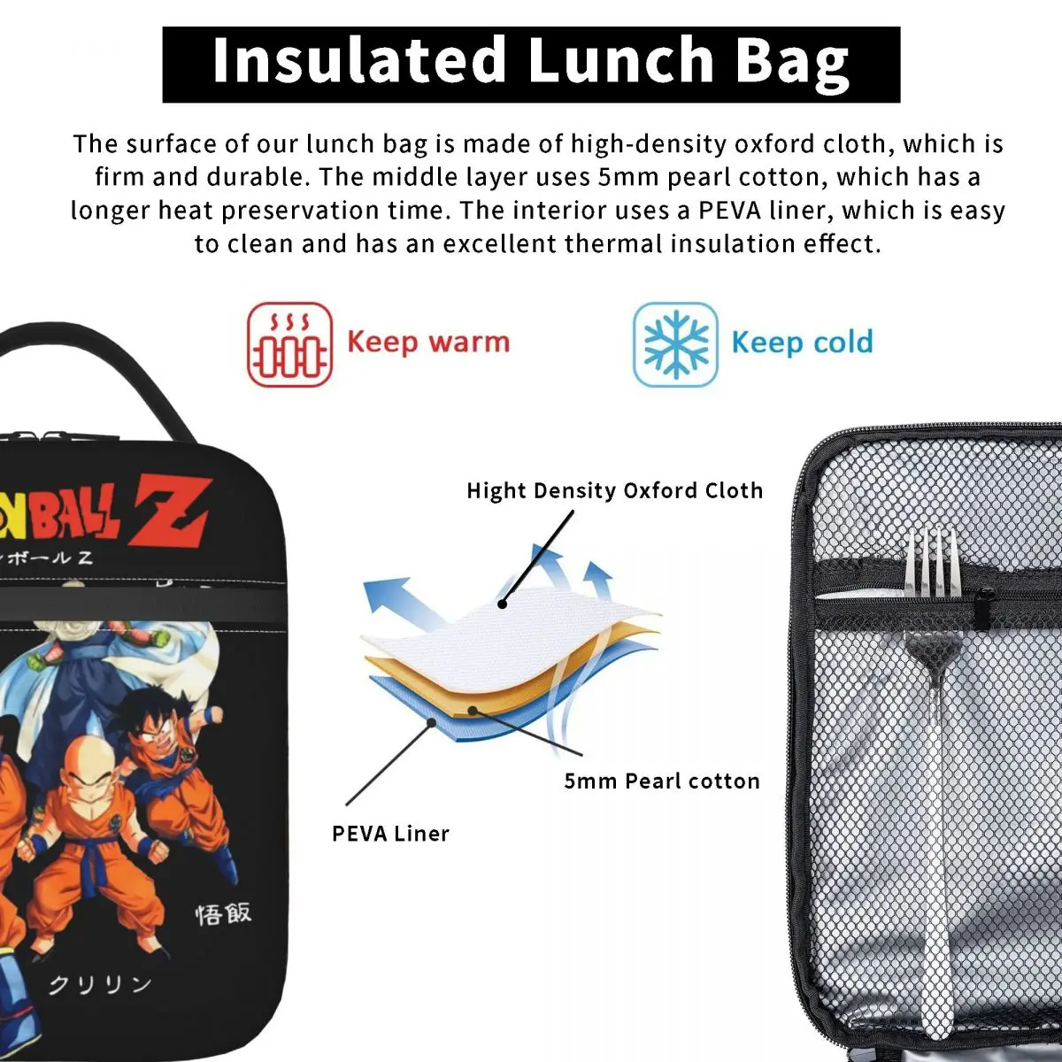 Vintage Dragon Ball Z Insulated Lunch Bags Thermal Bag  Lunch Container Goku Kakarot Manga Large Tote Lunch Box Food Storage Bag