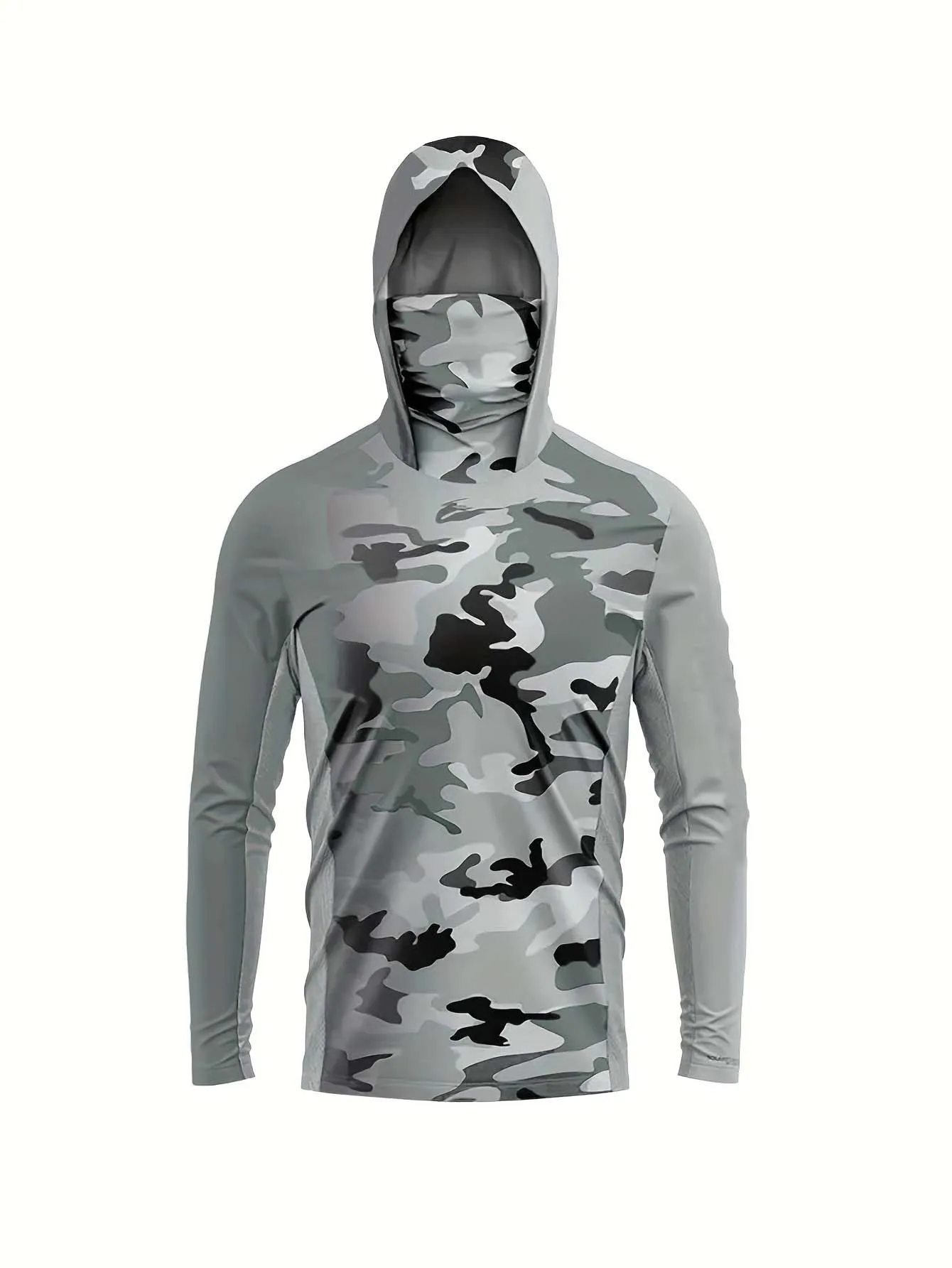 Outdoor Fisherman Hooded Long Sleeve T-shirt, Gradient Neon Camouflage Anti-UV Shirt with Integrated Neck Gaiter view 3