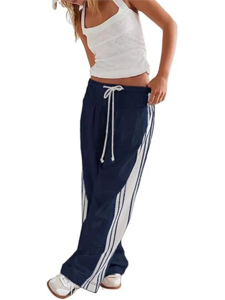 ربيع الخريف جديد الجانب مخطط مستقيم السراويل النسائية الرجعية الرياضة نمط الرباط فضفاض مريح عارضة السراويل تنوعا