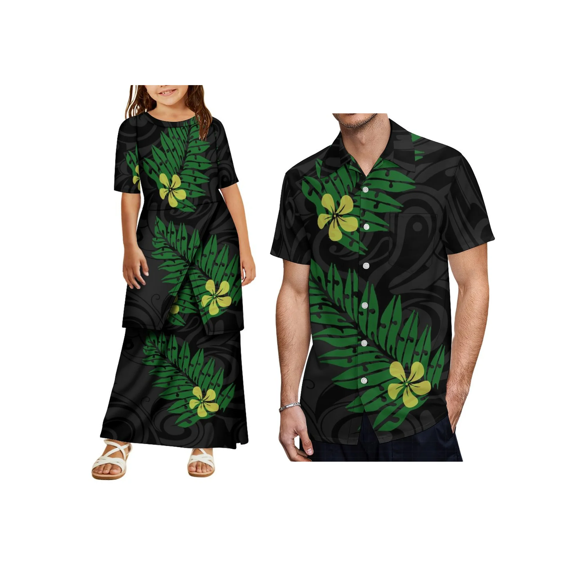 Polinésia crianças terno combinando samoan tribal meninas vestido de duas peças puletasi hawaii meninos camisa casual solto ajuste