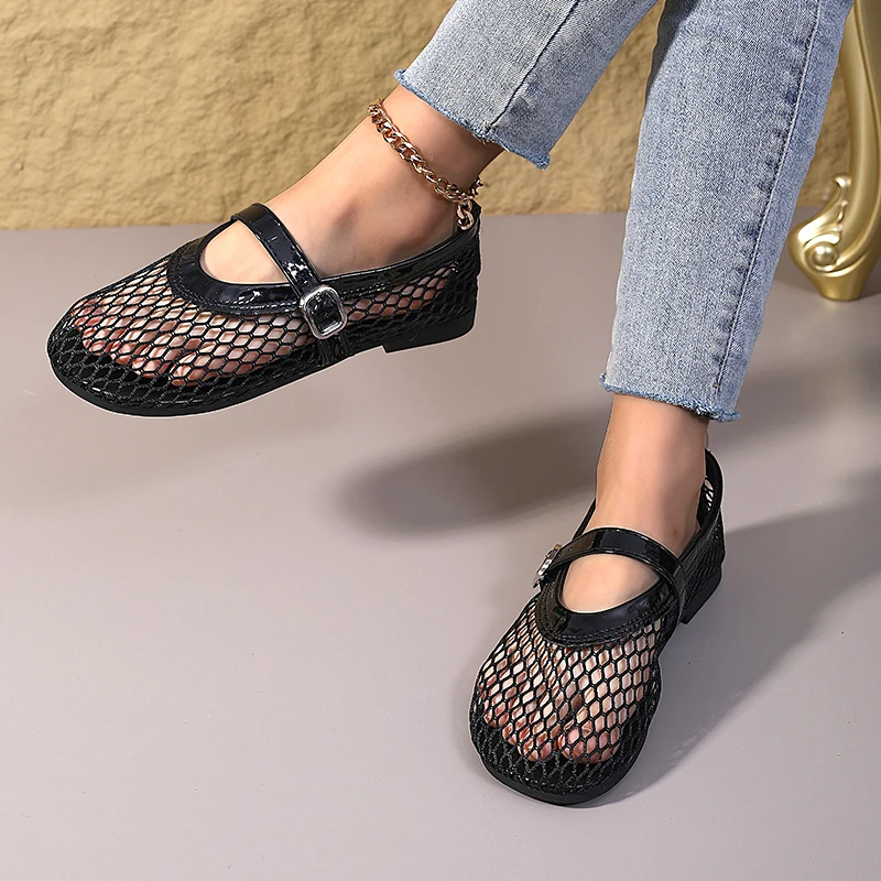 ​2025 New Women's Black Mesh Evening Flats - Silver Buckle Mary Jane Shoes with Fishnet Detailing & Gift Box image 6