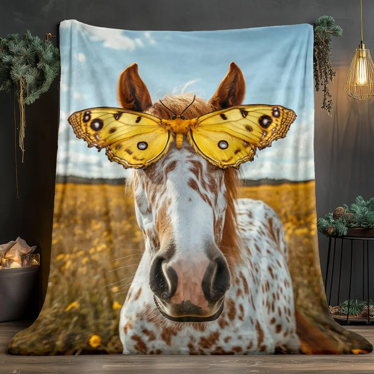 

1pc Whimsical Horse with Butterfly Antlers Printed flannel blanket - Soft Flannel, All-Season Cozy Throw for Home, Travel