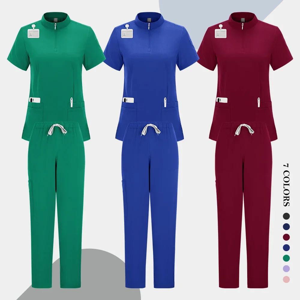 Scrubs Medical Uniforms Women Hot Selling Solid Color Nurse Doctor Uniform Unisex Veterinary Surgical Gowns Dental Scrub Set