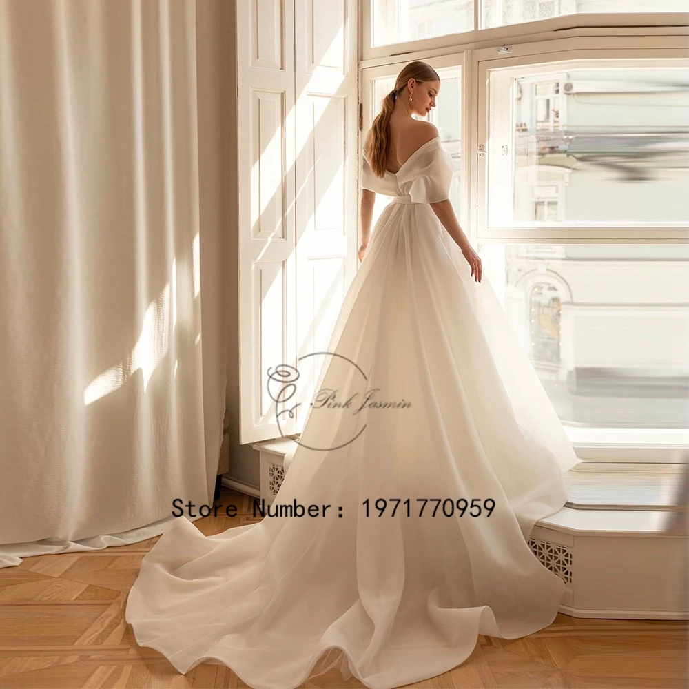 Organza Ivory Off Shoulder Wedding Dress Bride Dresses Court Train Simple A Line Back With Zipper Wedding Gown Vestido De Noche