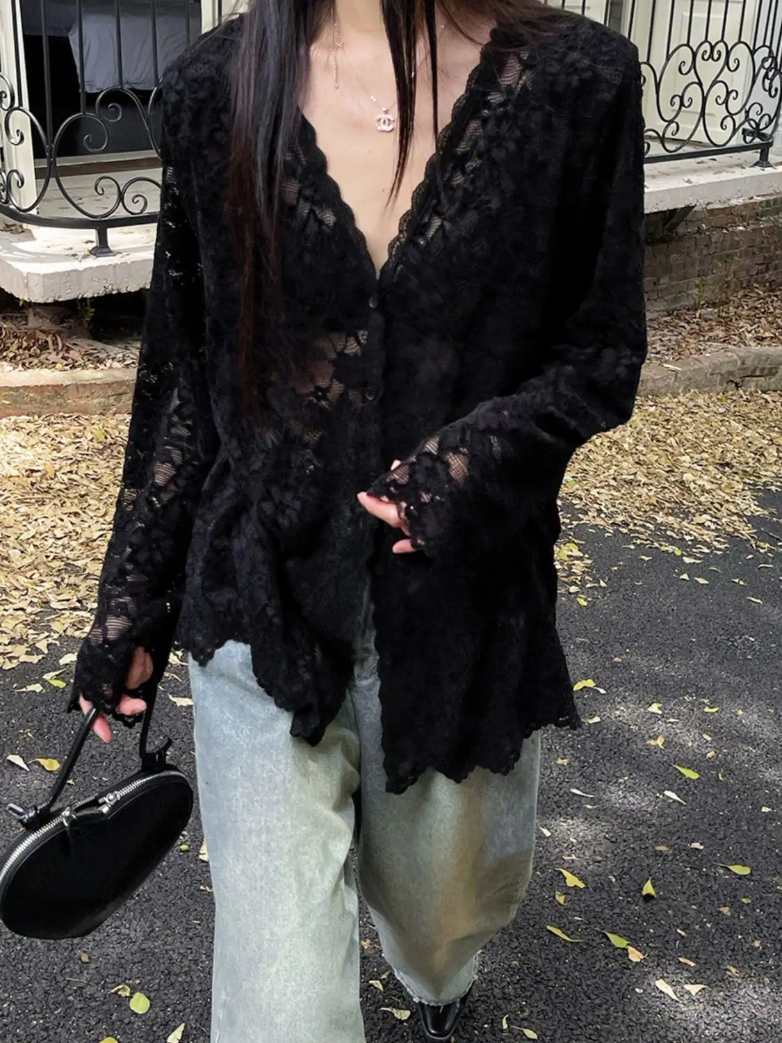 

Black See-Through Lace Cardigan Y2K Vintage Long Sleeve Open Front Top Street Style Asymmetrical Hem Shirt