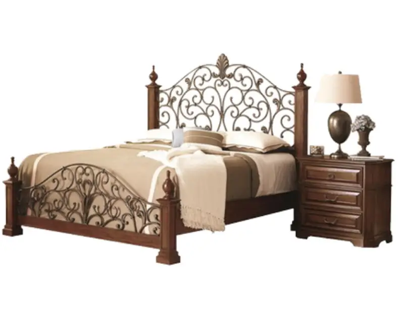 

North American black walnut wood bed, rural solid wood iron frame bed, double bed, master bedroom bed, iron wood bed