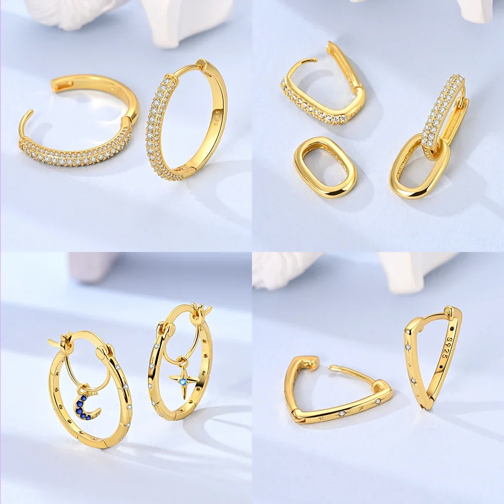 

Exquisite Star Moon Original 925 Sterling Silver Stud Earring Triangular Square Women's Hoop Earring Jewelry Fine Gift Accessory