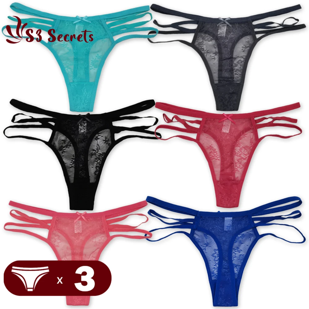 3PCS/Set Hollow Panties Women Sexy Mesh G-String Underwear Female Girls Transparent Solid Low Waist Thongs Breathable Lingerie