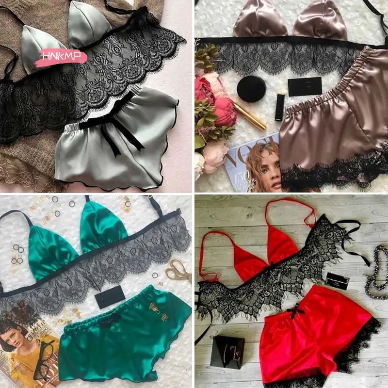 

New Women Pajama Sets Sexy Lingerie Underwear Silk Satin Pajamas Crop Tops Bra+Shorts Sets Sexy V-Neck Sleeveless Nightwear