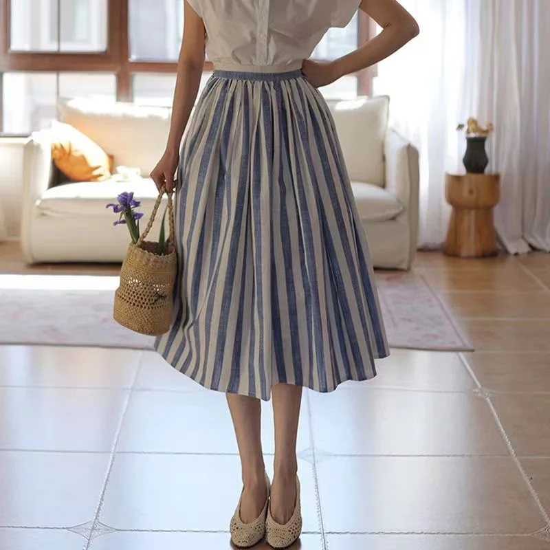 New Spring Summer Vintage High Waist Long Skirts Striped Women Elegant Chic A-Line Large Swing Umbrella Skirt Jupe Femme Faldas